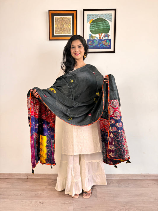 Modal Silk Ajrakh Applique Dupatta ~ Black & Maroon