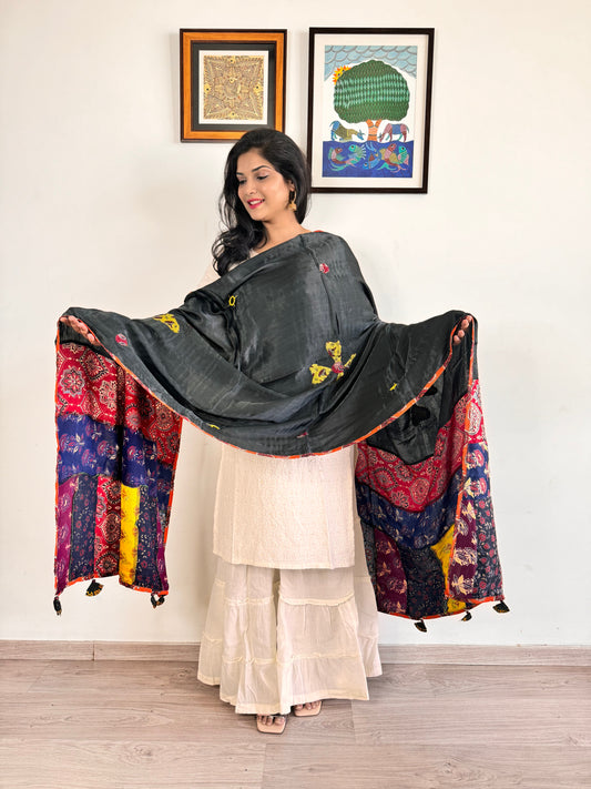 Modal Silk Ajrakh Applique Dupatta ~ Black & Maroon