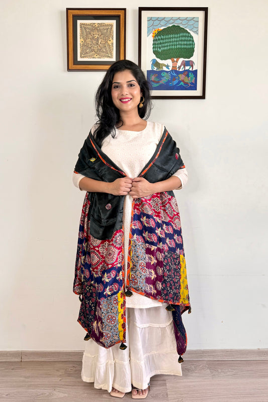 Modal Silk Ajrakh Applique Dupatta ~ Black & Maroon