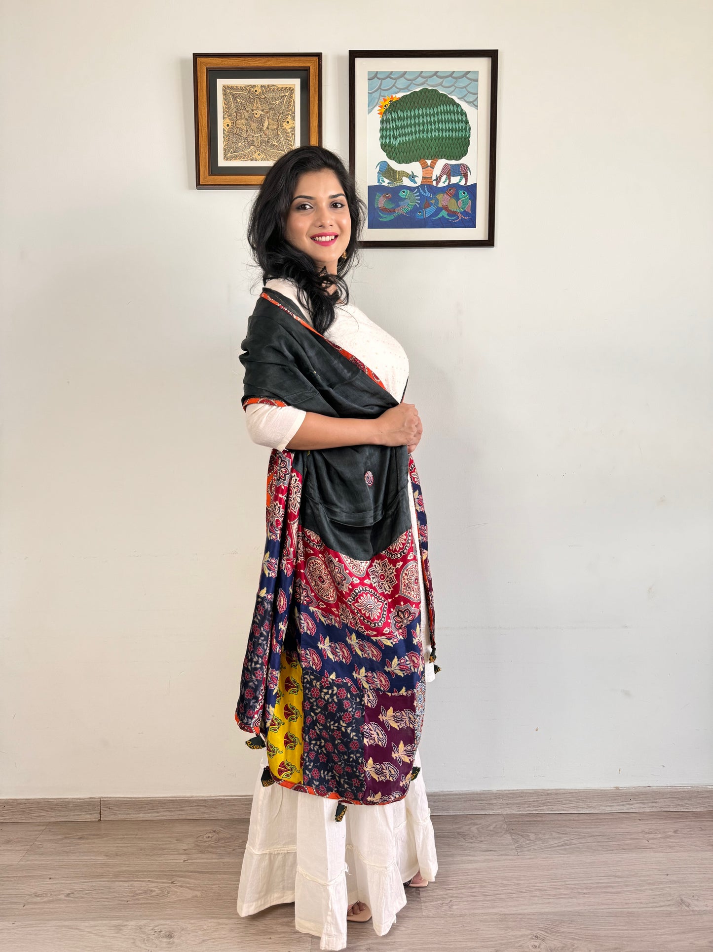 Modal Silk Ajrakh Applique Dupatta ~ Black & Maroon
