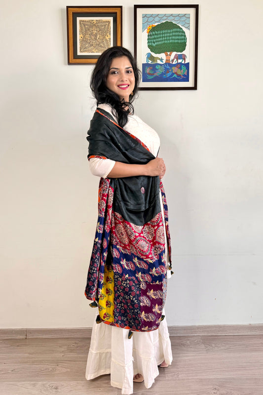 Modal Silk Ajrakh Applique Dupatta ~ Black & Maroon
