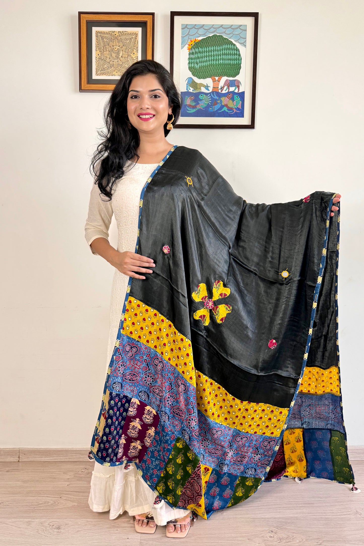 Modal Silk Ajrakh Applique Dupatta ~ Black & Yellow