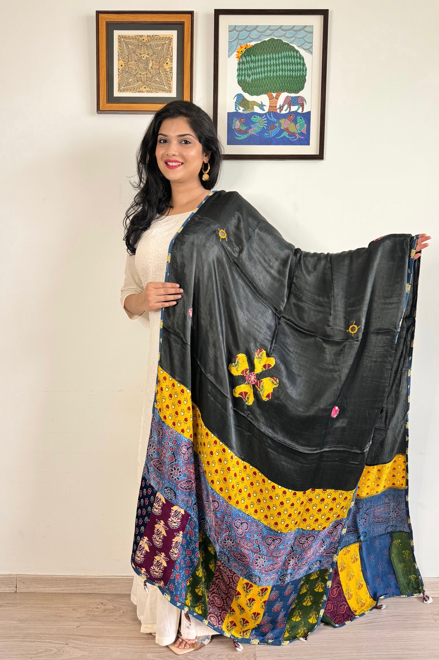 Modal Silk Ajrakh Applique Dupatta ~ Black & Yellow