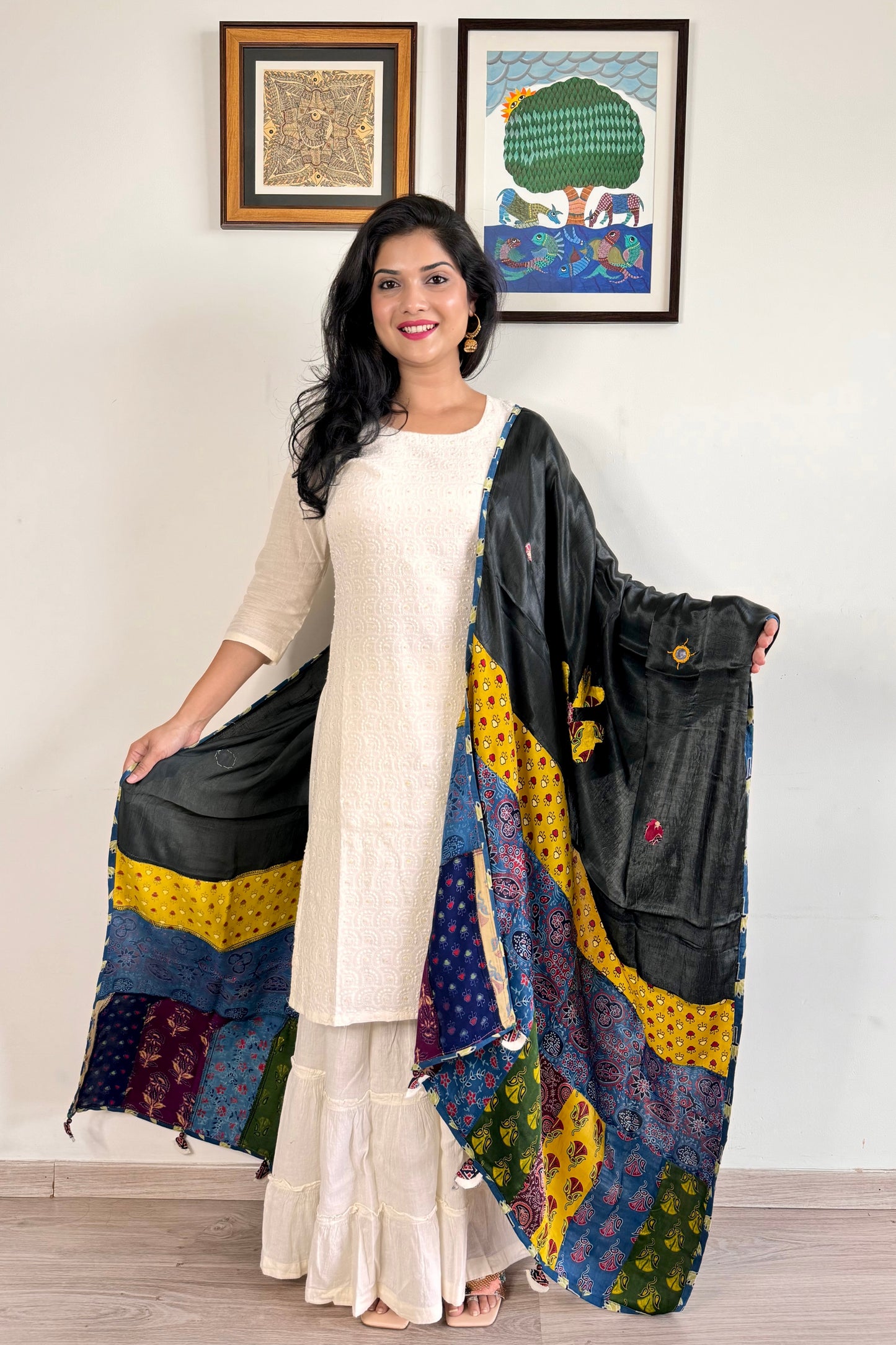 Modal Silk Ajrakh Applique Dupatta ~ Black & Yellow