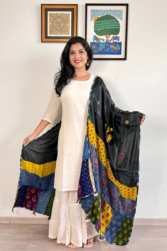 Modal Silk Ajrakh Applique Dupatta ~ Black & Yellow