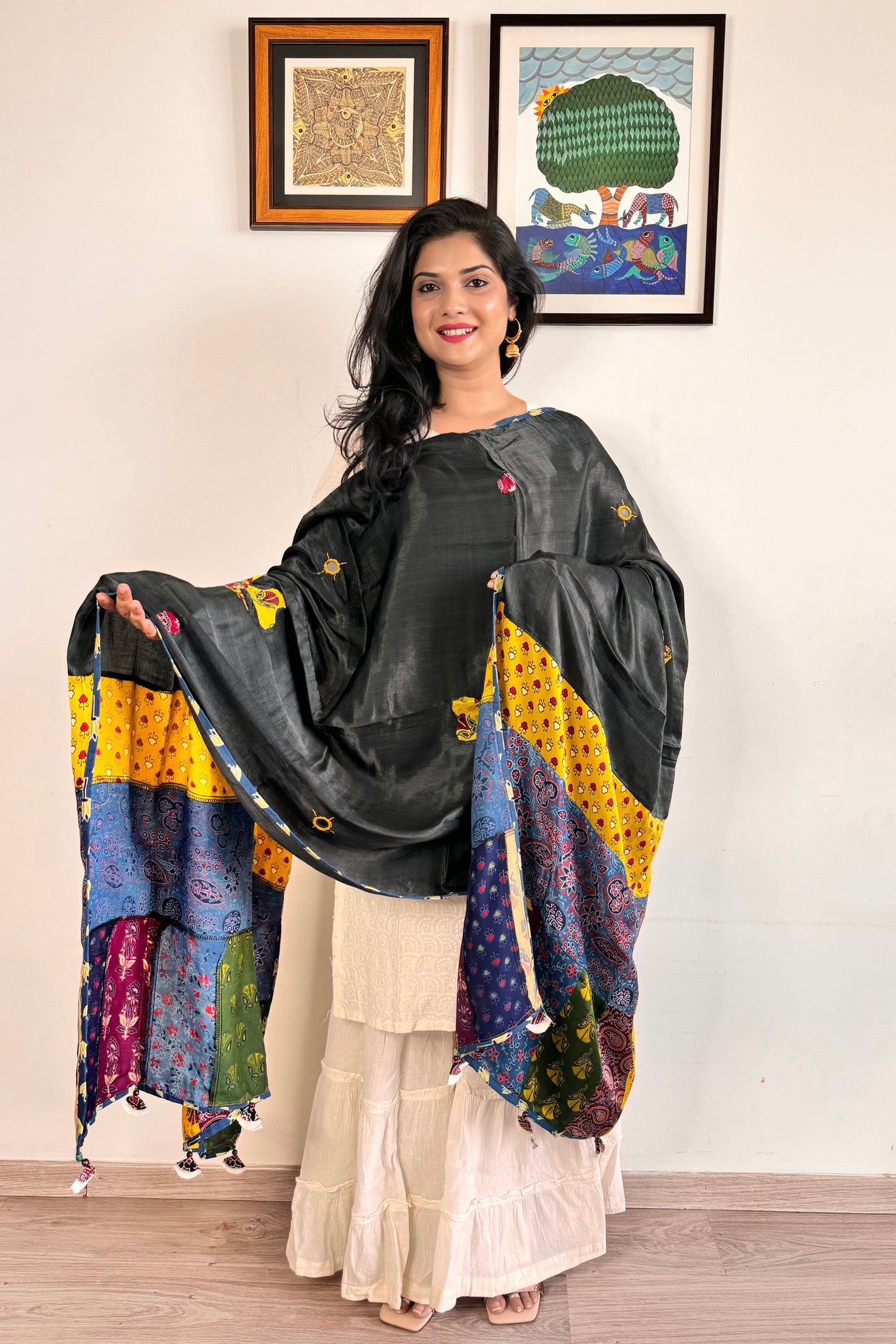 Modal Silk Ajrakh Applique Dupatta ~ Black & Yellow