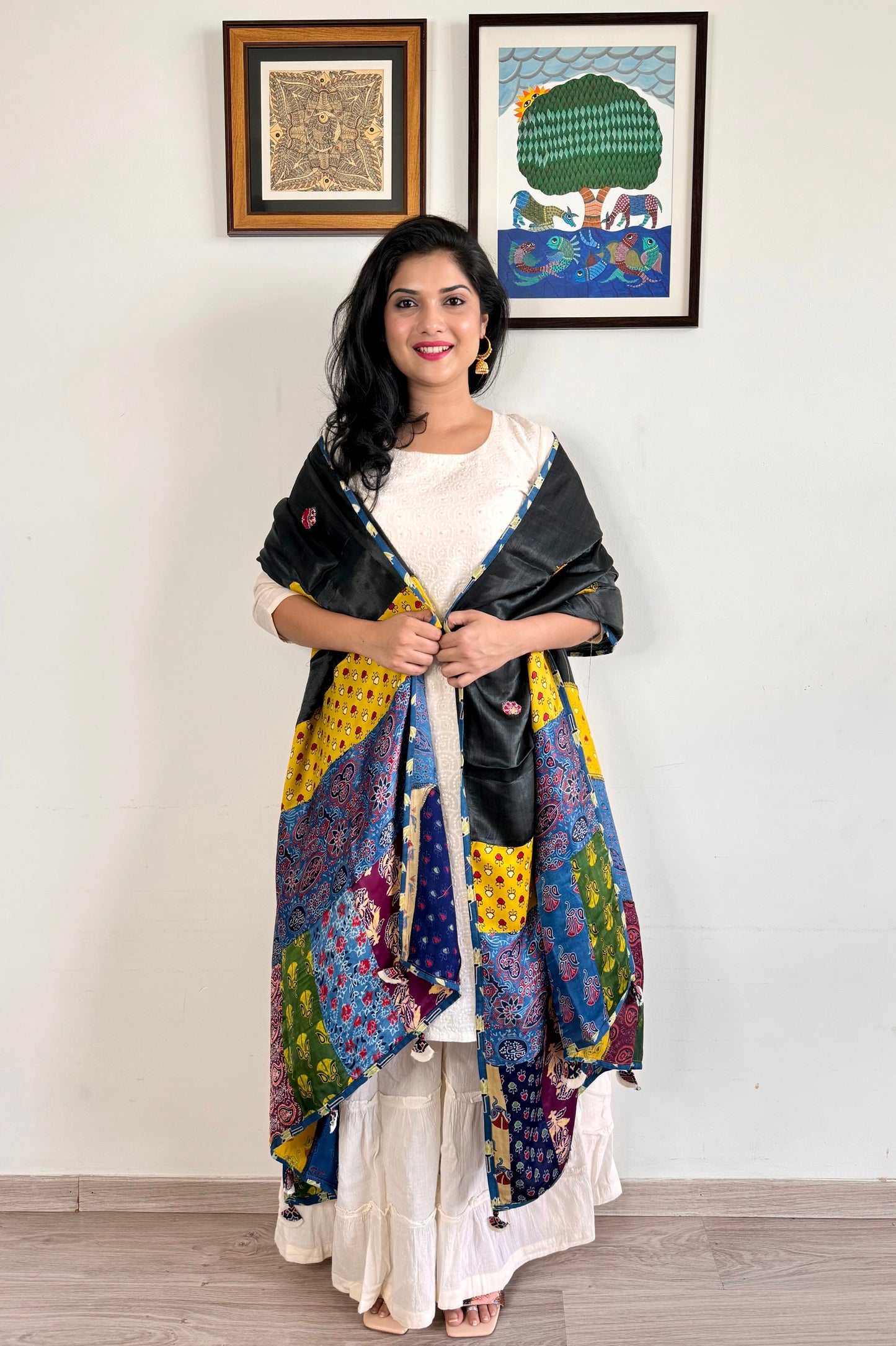 Modal Silk Ajrakh Applique Dupatta ~ Black & Yellow