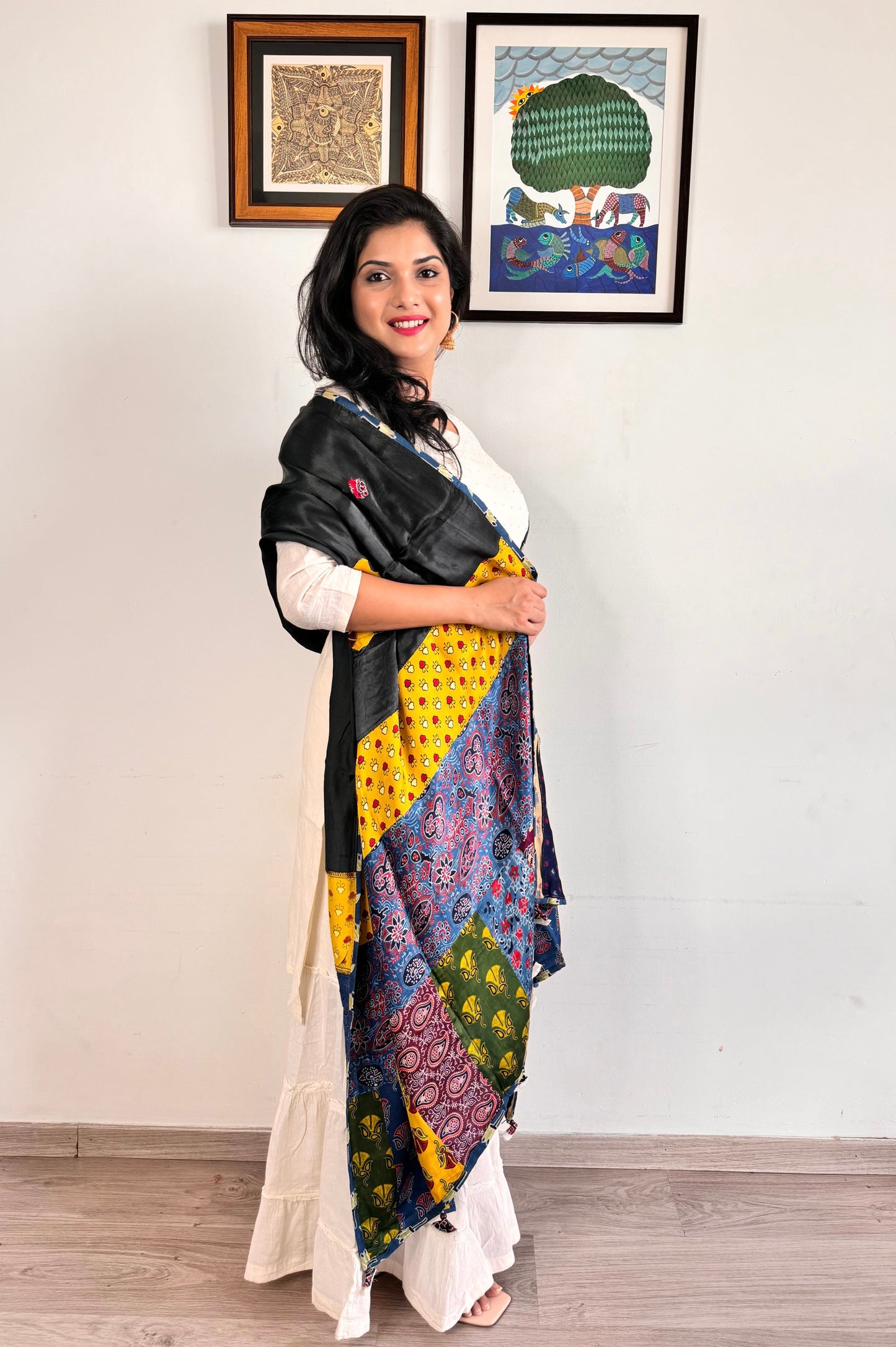 Modal Silk Ajrakh Applique Dupatta ~ Black & Yellow