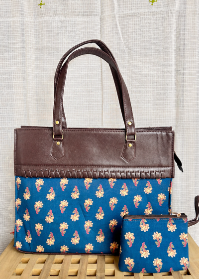 Tulip Teal Motifs ~ Handblock Printed Fabric Handbag