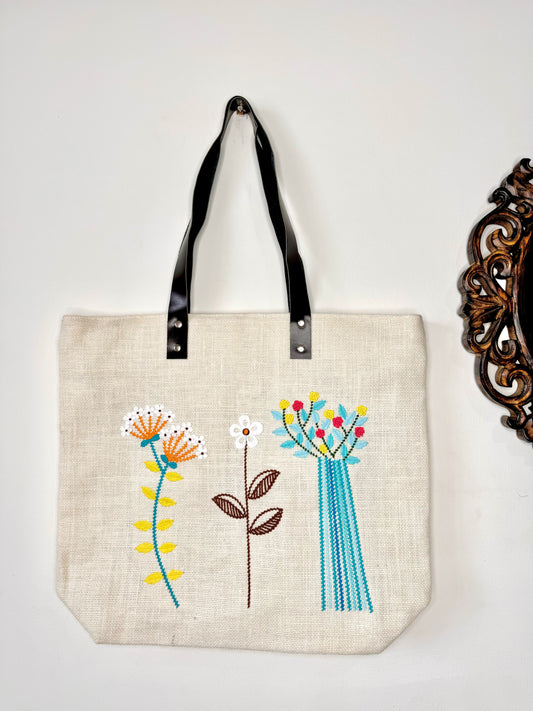 Jute Embroidered Shoulder Bag - Ivory White