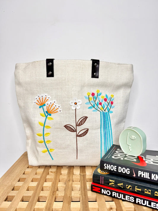 Jute Embroidered Shoulder Bag - Ivory White
