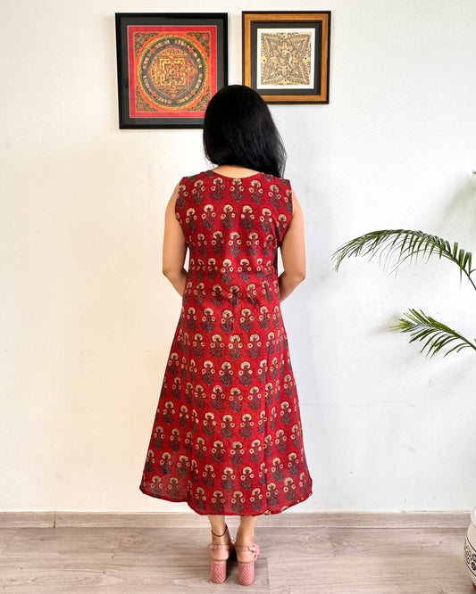 Noor 9 to 5 Ajrakh Dress - Mahogany Red - Daisy Print