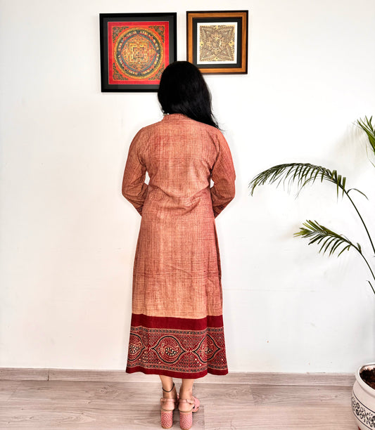 Noor 9 to 5 Ajrakh Dress - Salmon Red - Kaftan Style