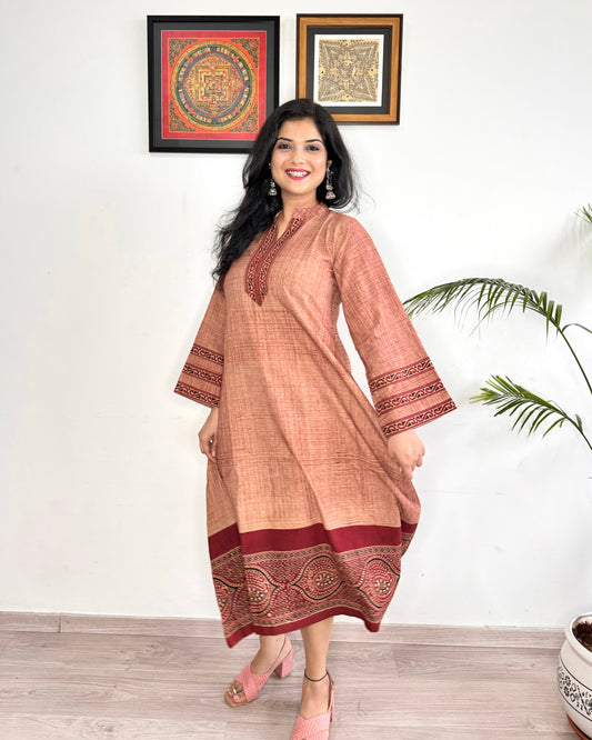 Noor 9 to 5 Ajrakh Dress - Salmon Red - Kaftan Style