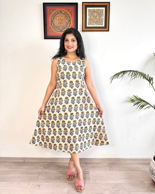 Noor 9 to 5 Ajrakh Dress - Bluebell White