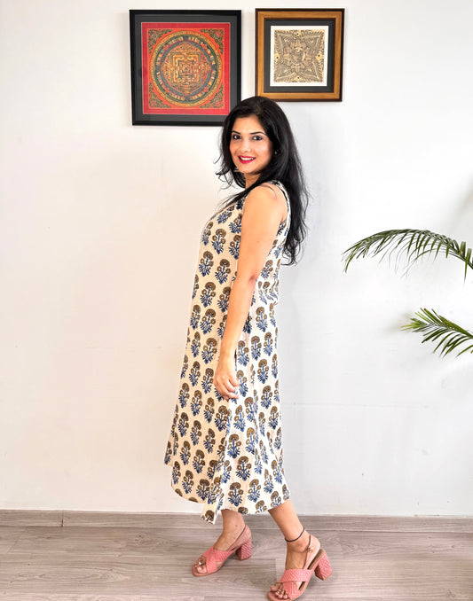 Noor 9 to 5 Ajrakh Dress - Bluebell White