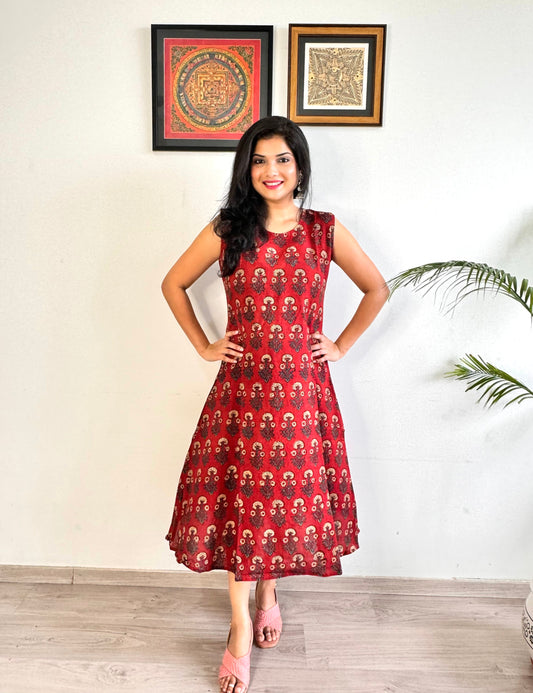 Noor 9 to 5 Ajrakh Dress - Mahogany Red - Daisy Print