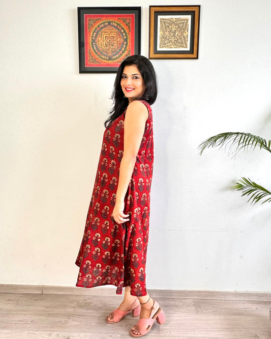 Noor 9 to 5 Ajrakh Dress - Mahogany Red - Daisy Print