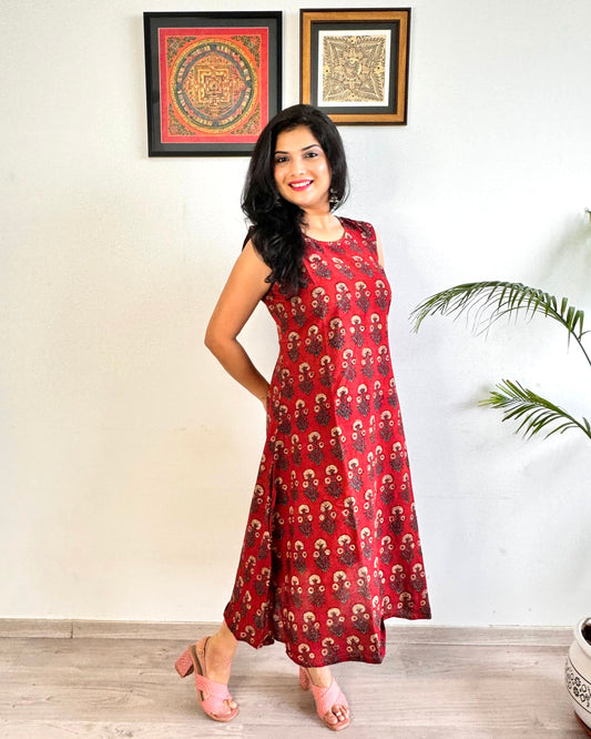 Noor 9 to 5 Ajrakh Dress - Mahogany Red - Daisy Print