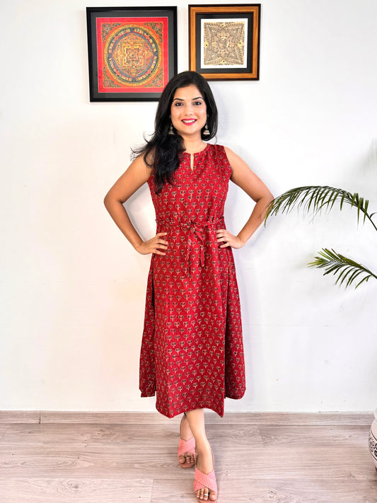 Noor 9 to 5 Ajrakh Dress - Mahogany Red - Lotus Print