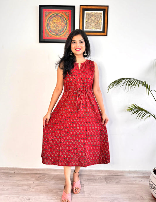 Noor 9 to 5 Ajrakh Dress - Mahogany Red - Lotus Print