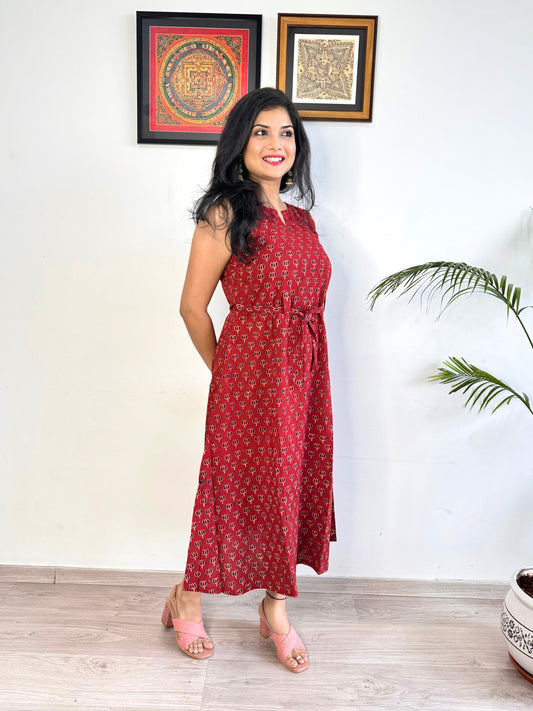 Noor 9 to 5 Ajrakh Dress - Mahogany Red - Lotus Print