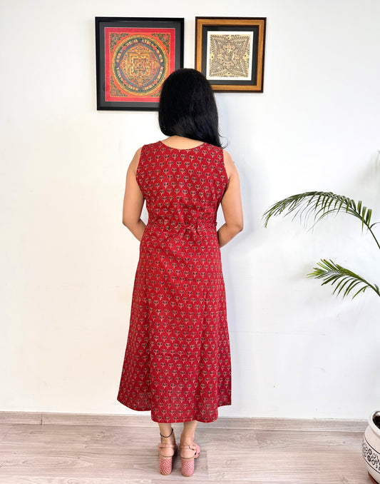 Noor 9 to 5 Ajrakh Dress - Mahogany Red - Lotus Print