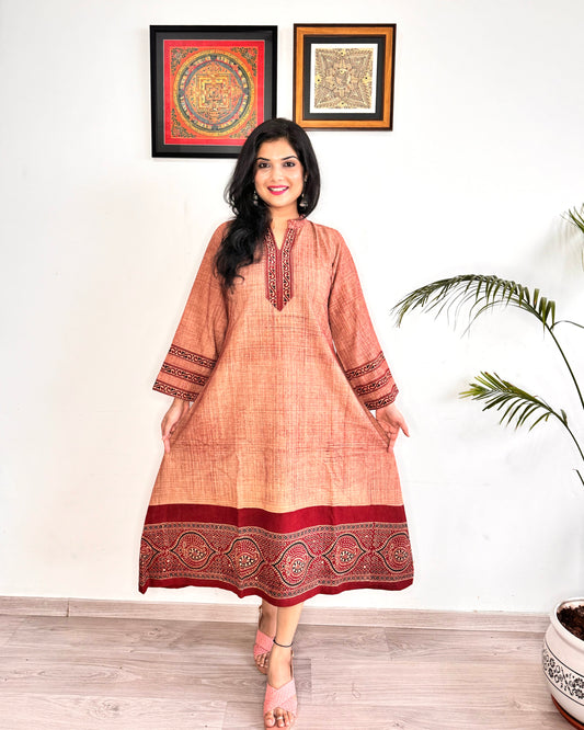 Noor 9 to 5 Ajrakh Dress - Salmon Red - Kaftan Style