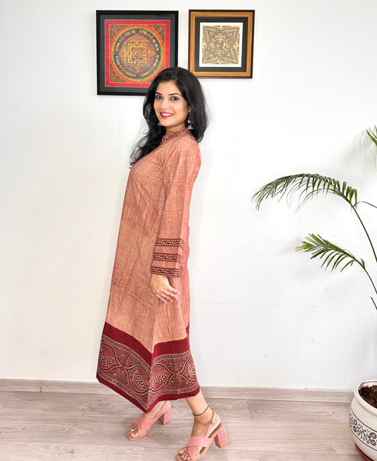 Noor 9 to 5 Ajrakh Dress - Salmon Red - Kaftan Style