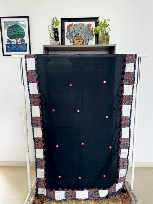 Ajrakh Applique & Kantha Embroidered Dupatta ~ Black Beauty