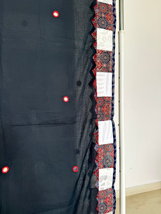 Ajrakh Applique & Kantha Embroidered Dupatta ~ Black Beauty