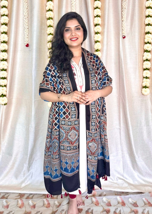 Dastaan-e-Ajrakh ✨ Modal Silk Dupatta ~ Royal Blue Jharokha