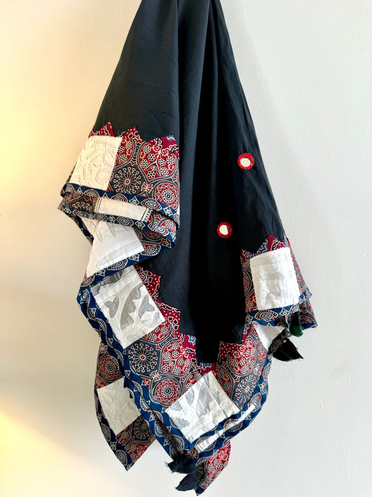 Ajrakh Applique & Kantha Embroidered Dupatta ~ Black Beauty