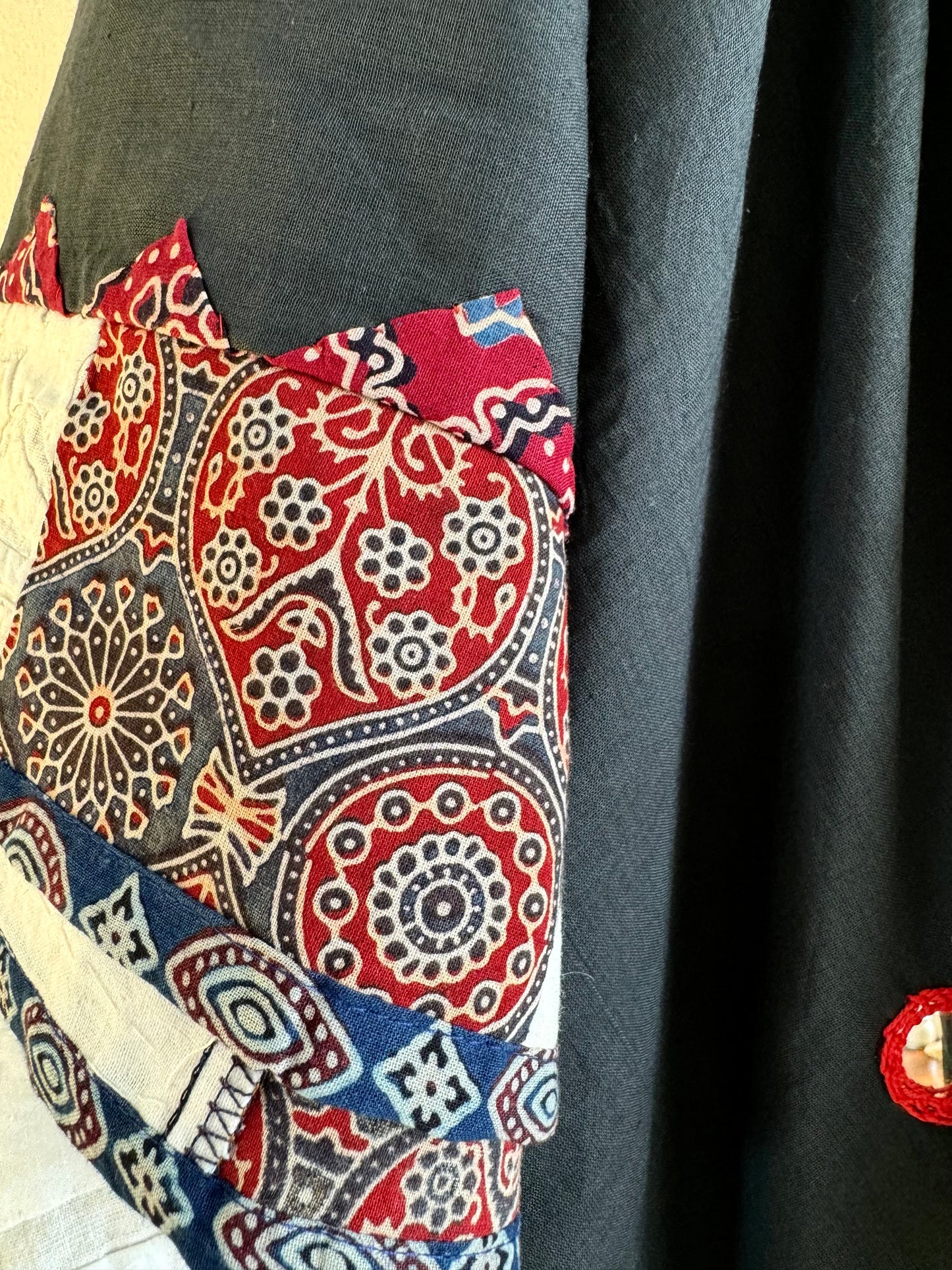 Ajrakh Applique & Kantha Embroidered Dupatta ~ Black Beauty