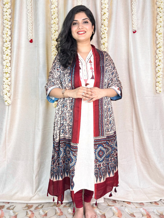 Dastaan-e-Ajrakh ✨ Modal Silk Dupatta ~ Ivory Gulbahaar