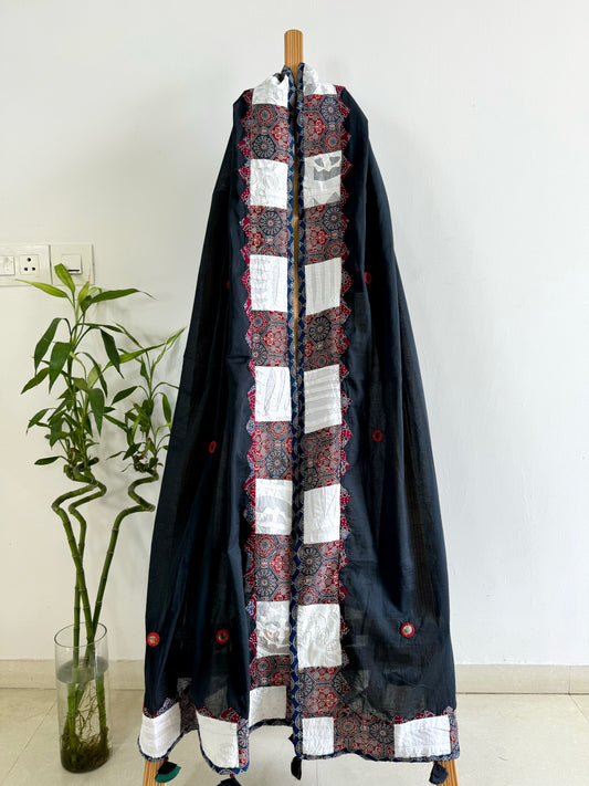 Ajrakh Applique & Kantha Embroidered Dupatta ~ Black Beauty