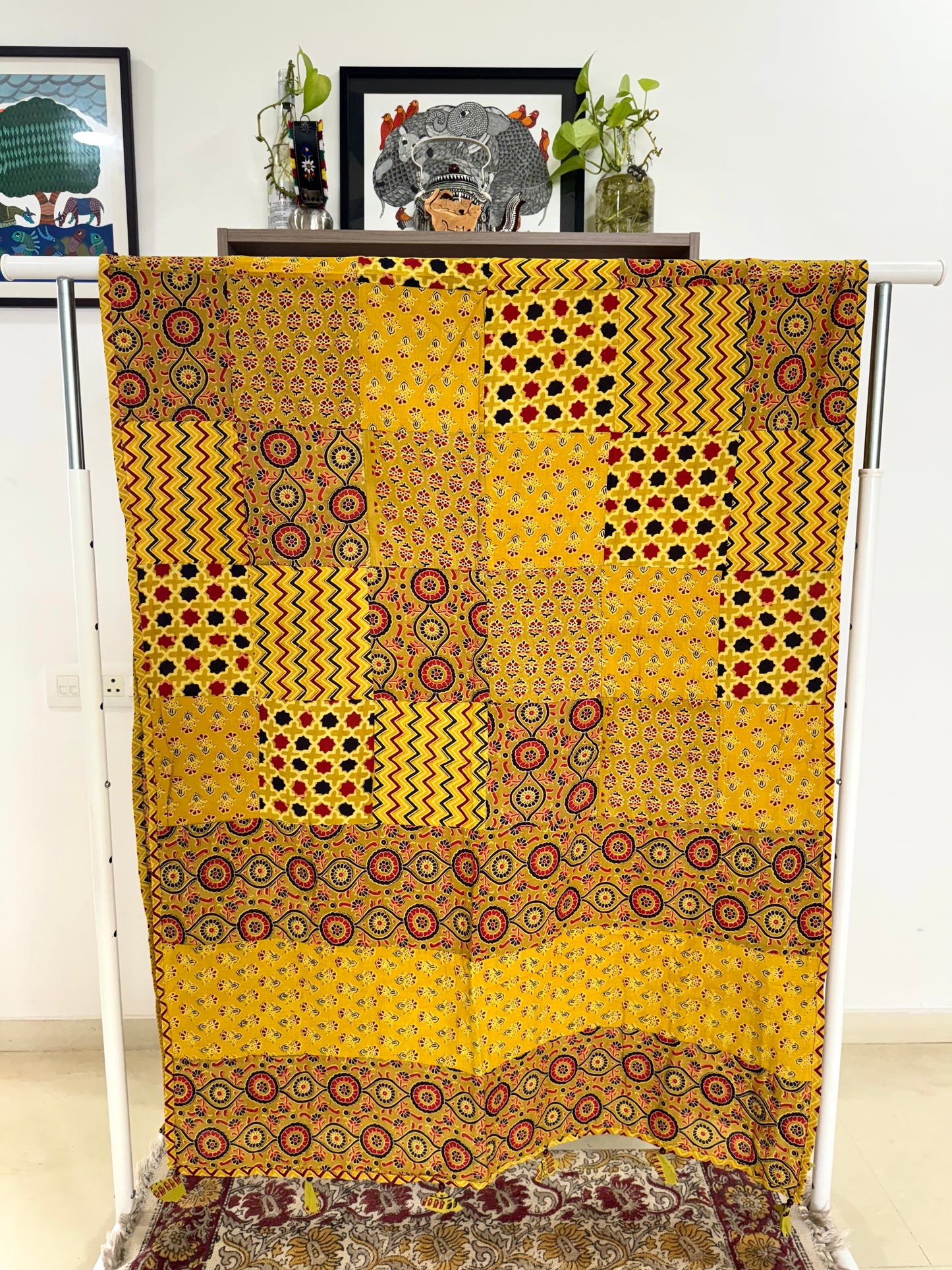 Ajrakh Applique & Kantha Embroidered Dupatta ~ Yellow Chequered
