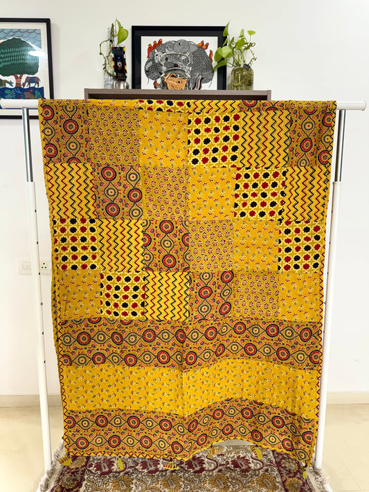 Ajrakh Applique & Kantha Embroidered Dupatta ~ Yellow Chequered