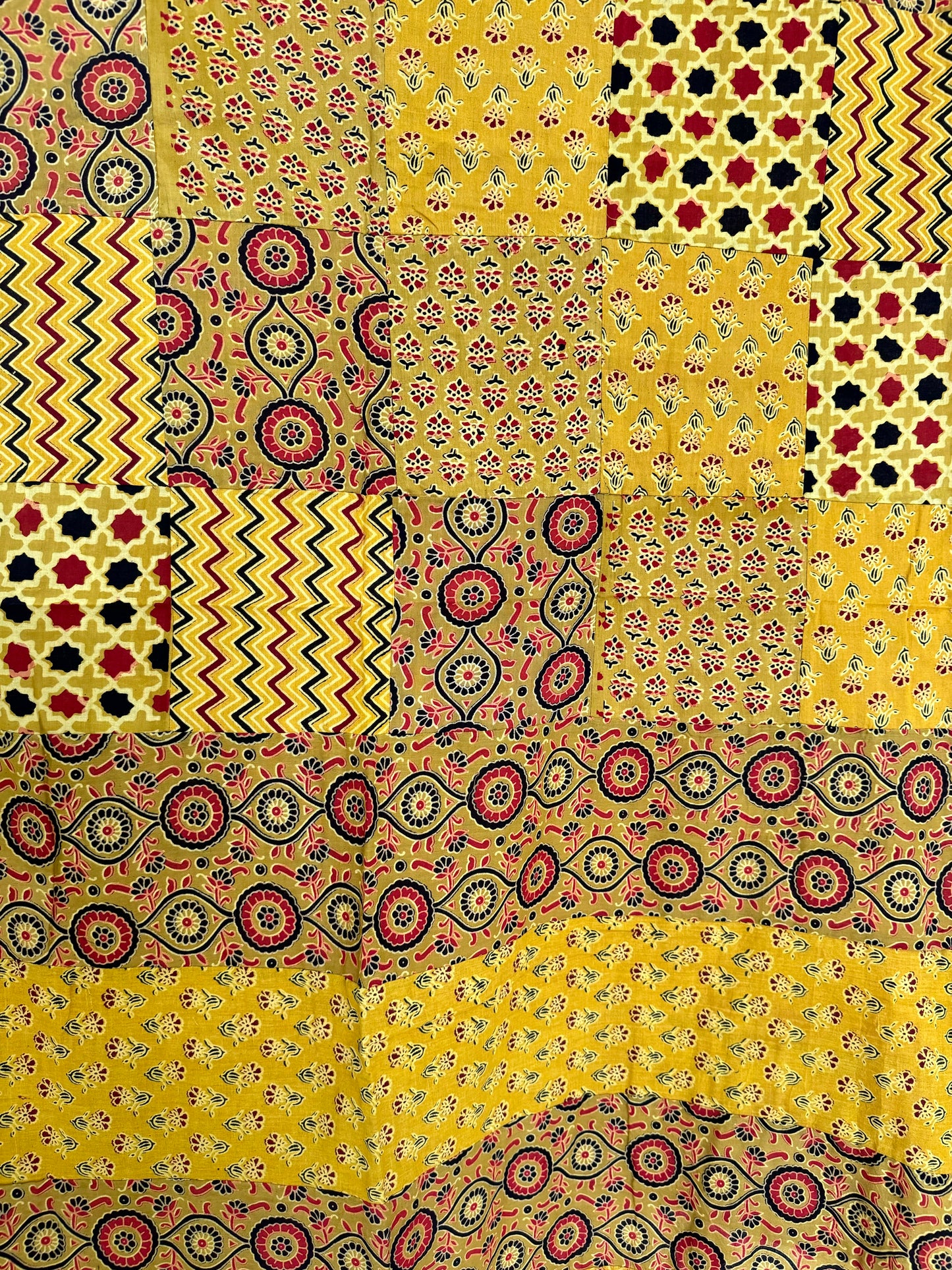 Ajrakh Applique & Kantha Embroidered Dupatta ~ Yellow Chequered