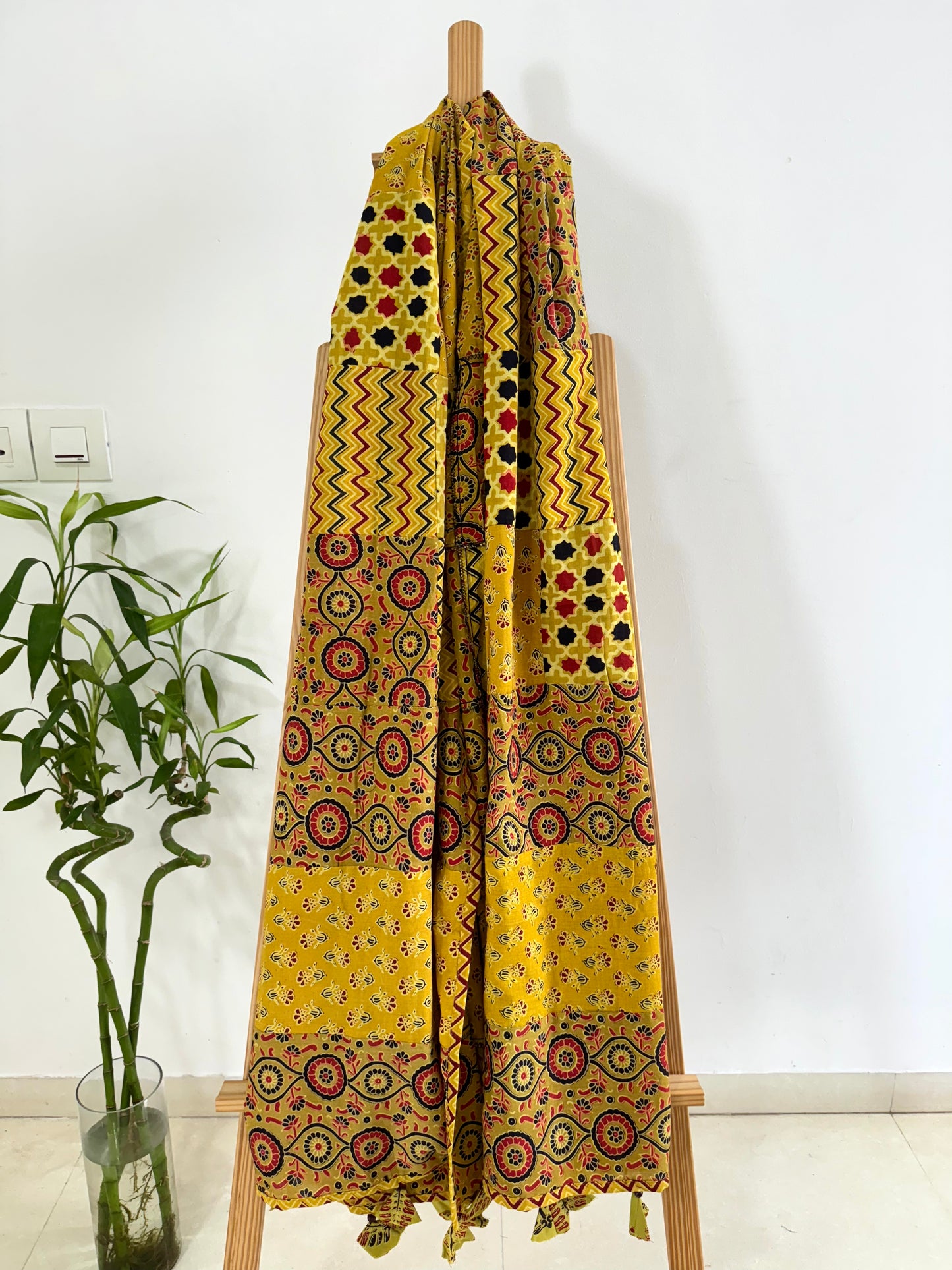 Ajrakh Applique & Kantha Embroidered Dupatta ~ Yellow Chequered