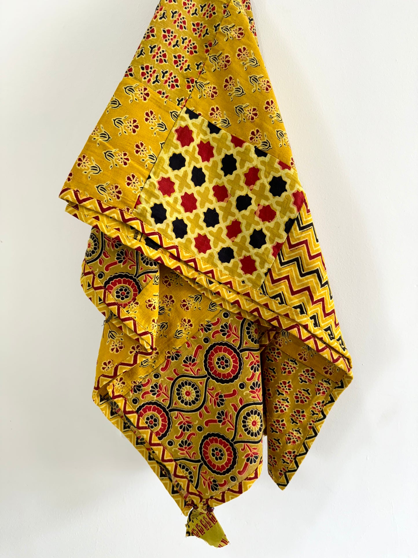Ajrakh Applique & Kantha Embroidered Dupatta ~ Yellow Chequered