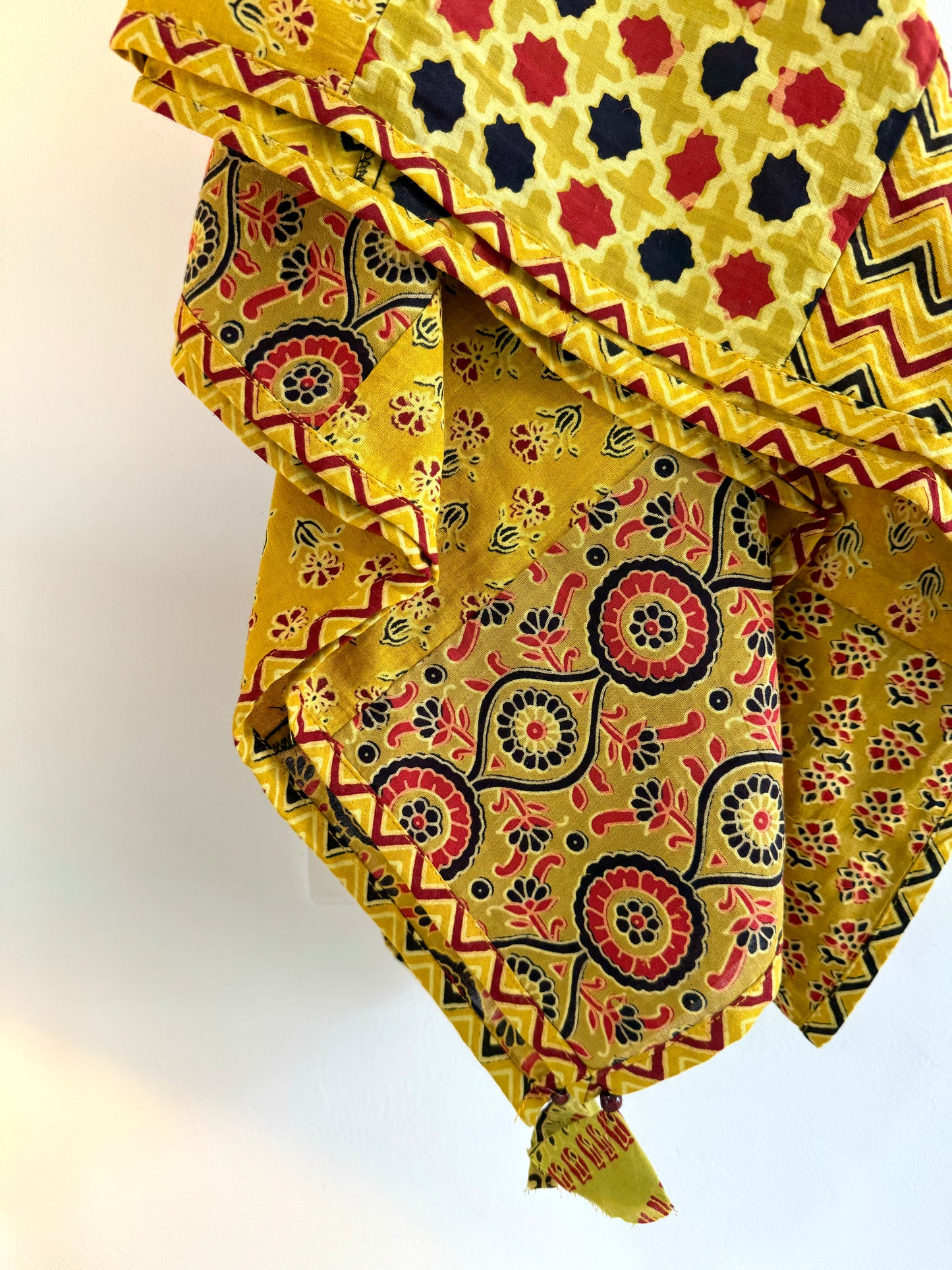 Ajrakh Applique & Kantha Embroidered Dupatta ~ Yellow Chequered