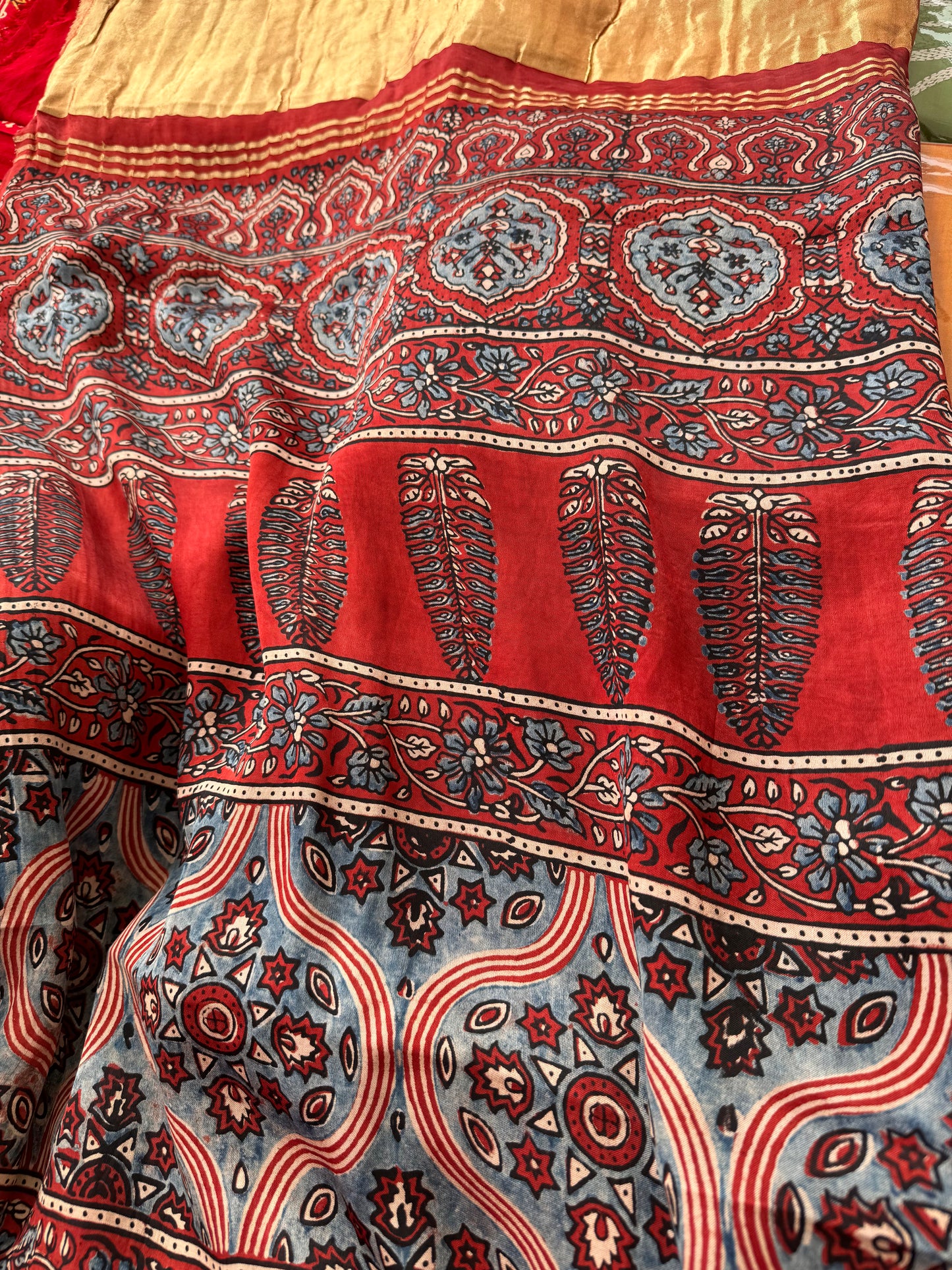 Modal Silk Ajrakh Saree with Zari - Brick Red