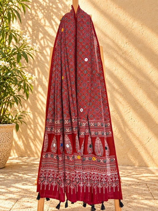 Rangrez🔅Ajrakh Mulmul Cotton Dupattas with Embroidery ~ Orangish Red