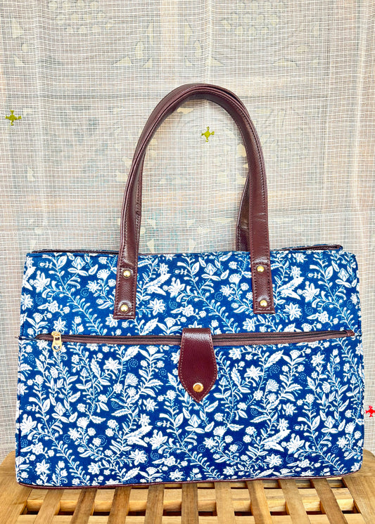 Karwaan🍂 Indigo Floral Motifs ~ Sanganeri Handblock Fabric Bag