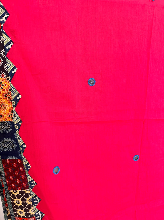 Ajrakh Applique & Kantha Embroidered Dupatta ~ Cherry Red