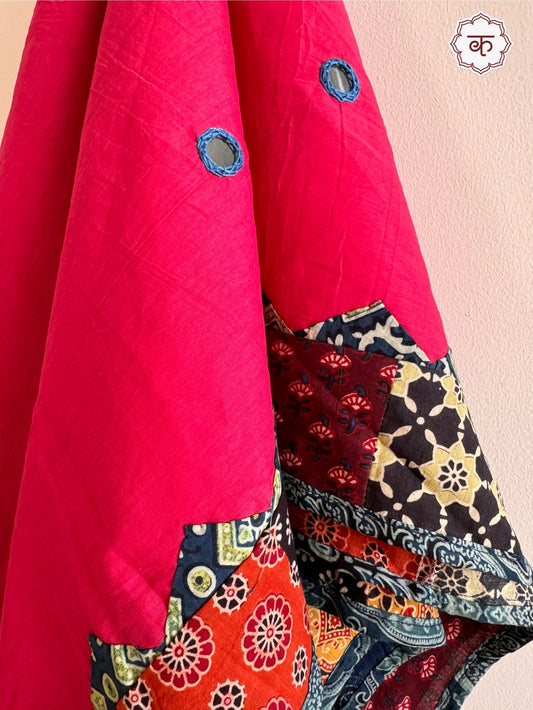Ajrakh Applique & Kantha Embroidered Dupatta ~ Cherry Red