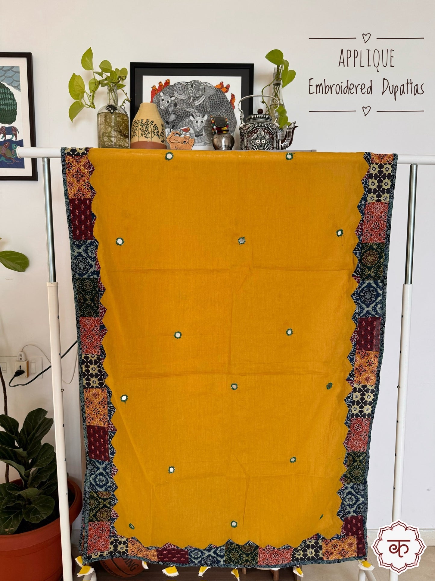 Ajrakh Applique & Kantha Embroidered Dupatta ~ Mustard Yellow