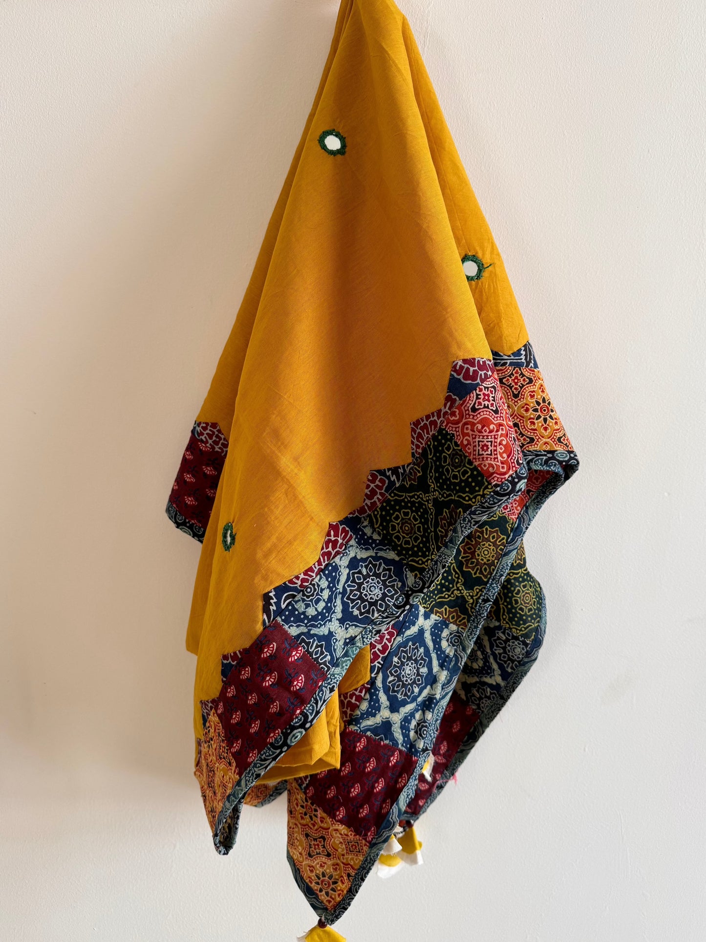 Ajrakh Applique & Kantha Embroidered Dupatta ~ Mustard Yellow