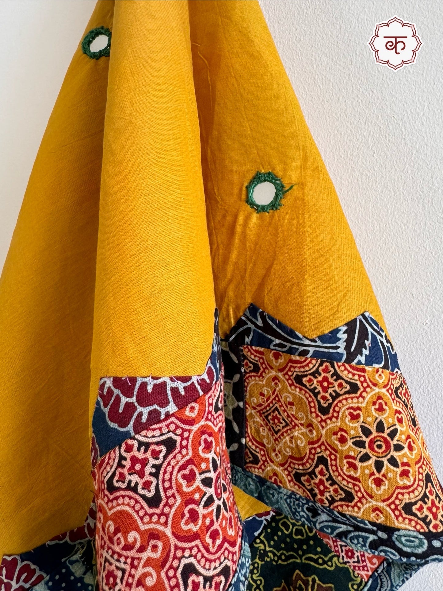 Ajrakh Applique & Kantha Embroidered Dupatta ~ Mustard Yellow